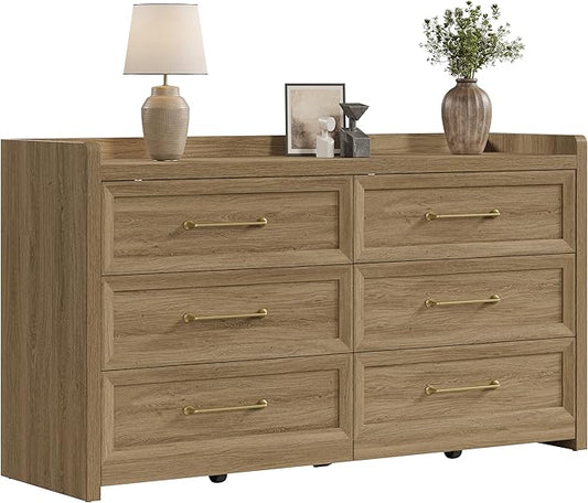 SICOTAS 6 Drawer Dresser for Bedroom-56.4" Extra-Wide Wooden Chest of Drawers with Large Storage, Long Dresser TV Stand with Drawers, Mid Century Modern Closet Dressers for Nursery, Brown Oak