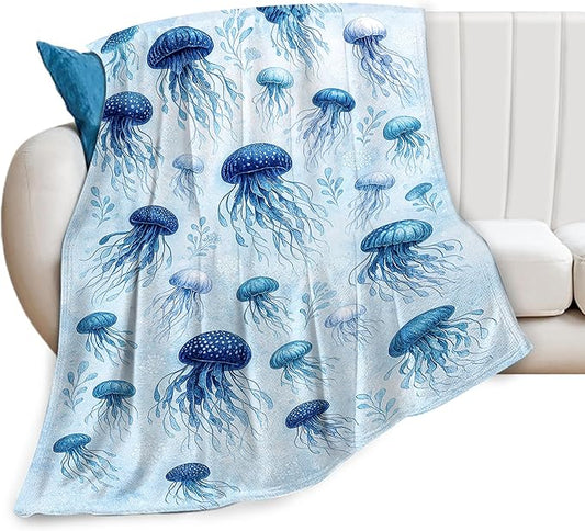 Jellyfish Blanket Marine Life Throw Blanket Blue Ocean Sea Soft Cozy Fleece Sealife Fuzzy Stuffed Plush Animal Flannel Gifts for Girls Women Boys Kids Adults 60"X80"