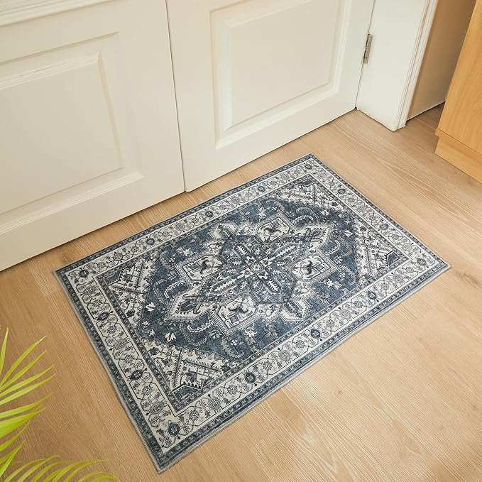 WITSHOCK Indoor Door Mat, Entrance Mat 2x3 Machine Washable Non Slip Backing Mat Soft Foldable,Vintage Rugs Mats, Inside Floor Mat Doormat, Blue