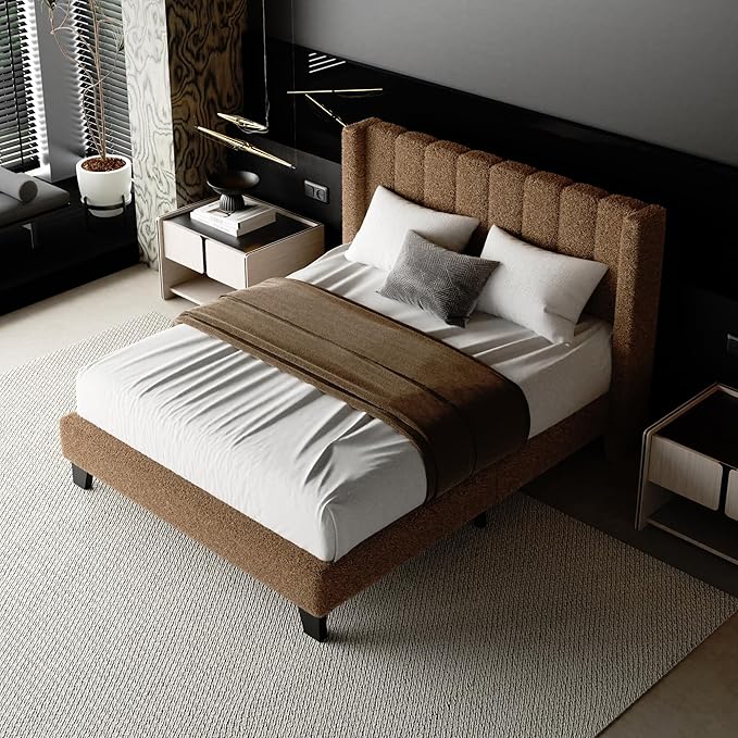 Full Bed Frame with Headboard Upholstered Platform Bed Frame with Teddy Velvet Headboard, Wooden Slats Support/Wing Edge Design/No Box Spring Needed/Easy Assembly, Camle
