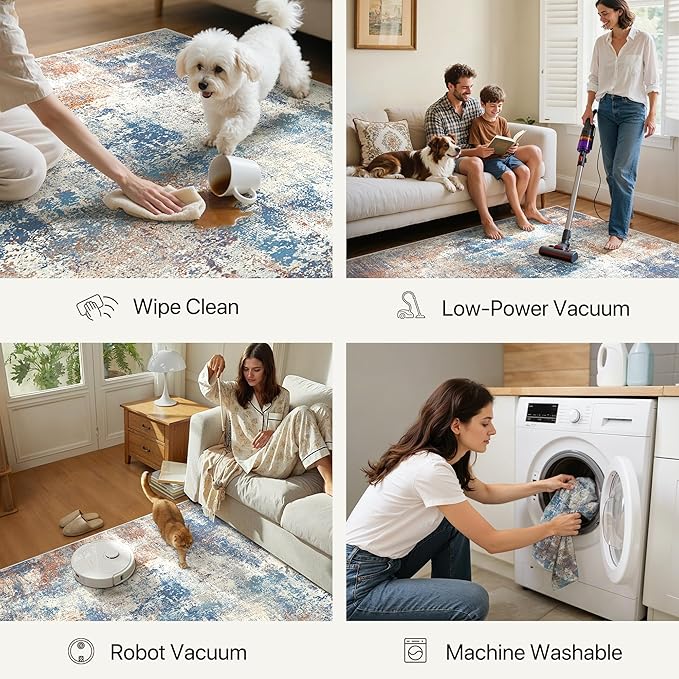 5x7 Area Rugs Washable Blue Rug for Living Room Bedroom, Abstract Modern Large Rug Non Slip, Water Repellent Low Pile Soft Carpet for Dining Room, Blue Rust