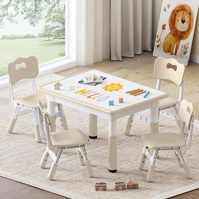 Kids Study Table and Chairs Set, Height Adjustable Toddler Table and Chair Set for Kids Ages 3-8, 31.5" L x 23.6" W Graffiti Desktop Plastic Children Art Table with 4 Seats