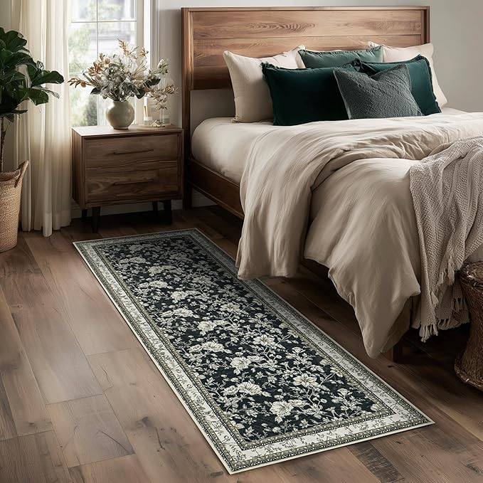 Black Boho Washable 3x8 Extra Long Hallway Runner Rug, Extra Large Kitchen Floor Rug Indoor Entryway, Non-Slip Low Pile Machine Washable, Vintage Farmhouse Cream Beige Taupe Pattern Floral Design