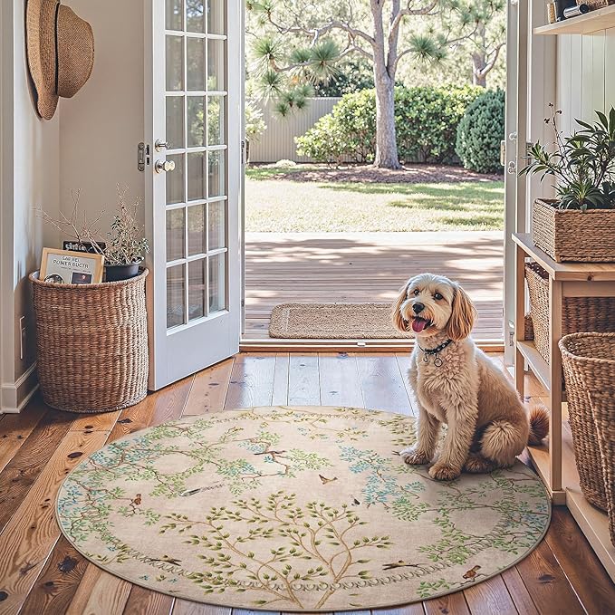 jinchan Yarden Round Rugs 4ft Beige Botanical Birds Print Machine Washable 4' Circle Nature Plants Modern Soft Non Slip Throw Area Rugs Ultra Thin Low Pile Carpet for Entryway Bedroom Kitchen Room