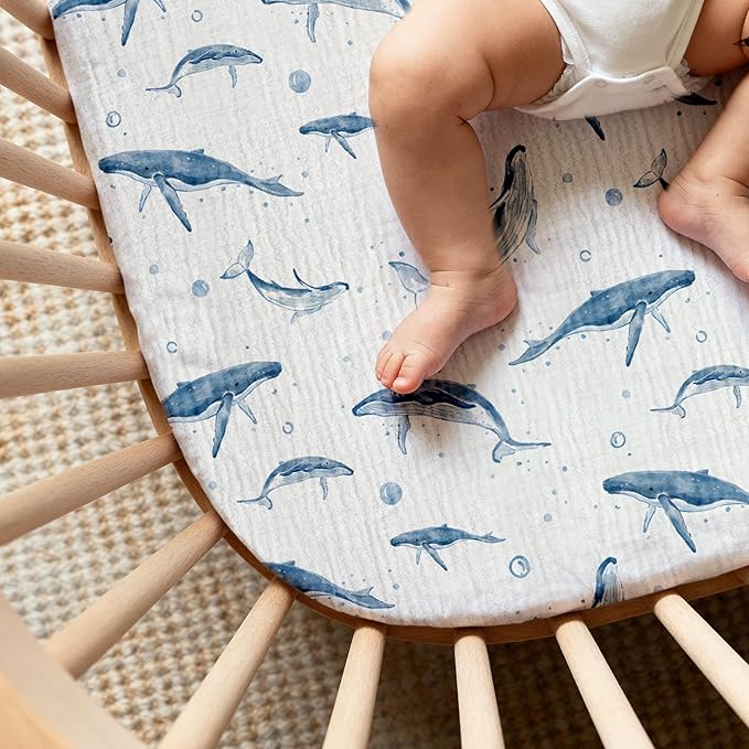 Muslin Bassinet Fitted Sheets, 2 Pack for Baby Boy and Girl, Soft Breathable Baby Pad/Mattress Sheet, Fit for Hourglass Oval and Rectangle Bassinet Mattress (Blue Whale)