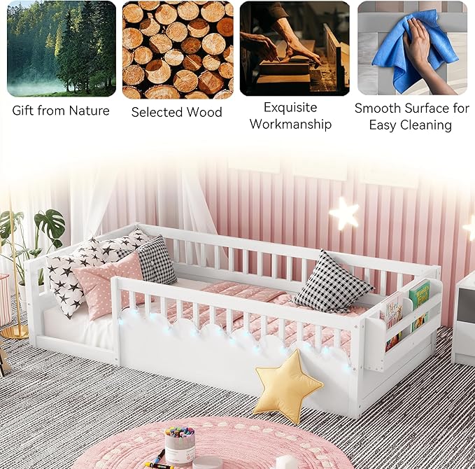 Twin Toddler Floor Bed with High Rails, Wooden Montessori Bed Frame with Light and Storage Shelf, Twin Size Bed Frame for Kids, Boys and Girls, White