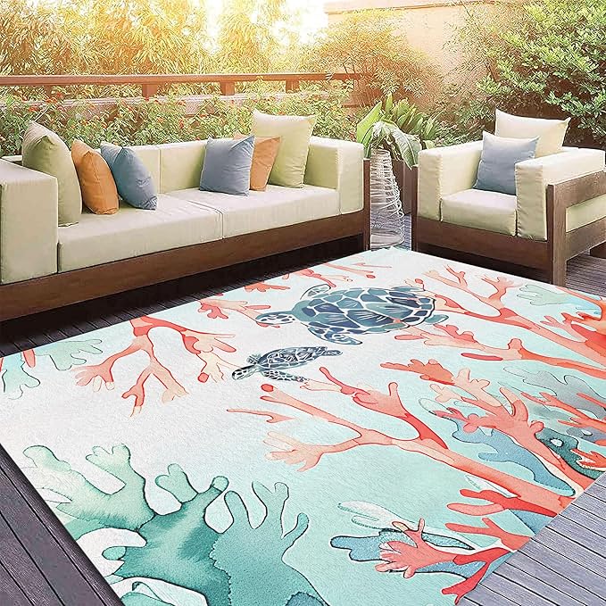 Ocean Coral Rugs,2x3ft Beach Carpet Red Blue Coral and Green Seaweed Printed Rugs,Ocean Themed Carpet for Bedroom Living Room Children's Room Cute Pink Non Slip Floor Mats