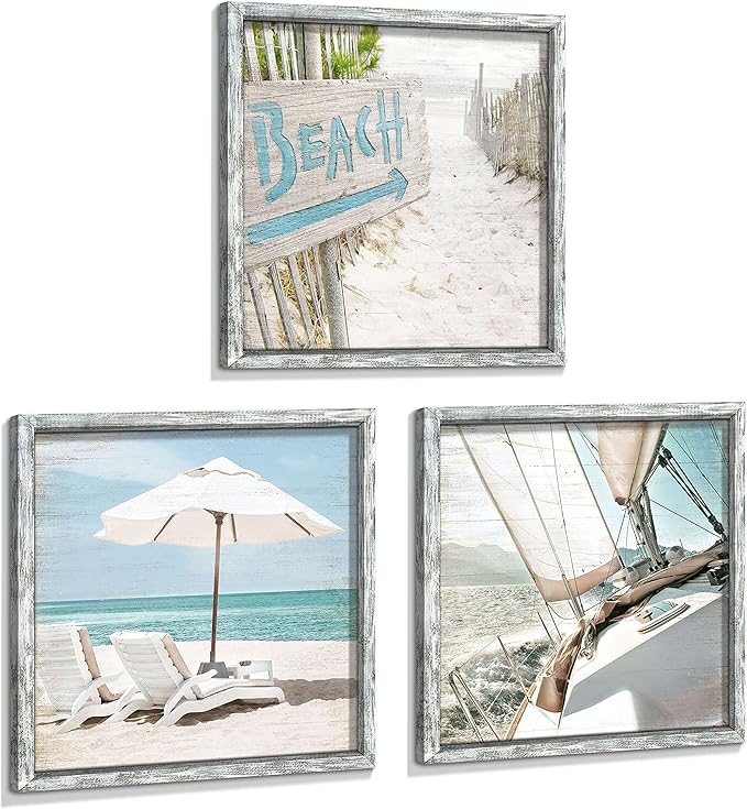 Beach Framed Wooden Wall Art: Ocean Pictures Coastal Art Prints Seaside Artwork Collection Set of 3 Seascape Decorations for Bedroom
