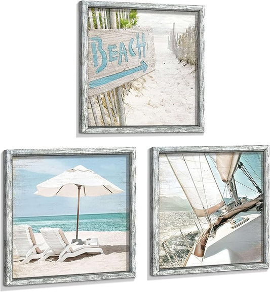 Beach Framed Wooden Wall Art: Ocean Pictures Coastal Art Prints Seaside Artwork Collection Set of 3 Seascape Decorations for Bedroom