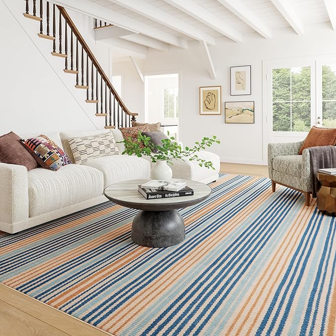 Dash & Albert Tyne Blue Machine Washable Rug, 3 X 5 Feet, Blue/Tan Stripe Pattern