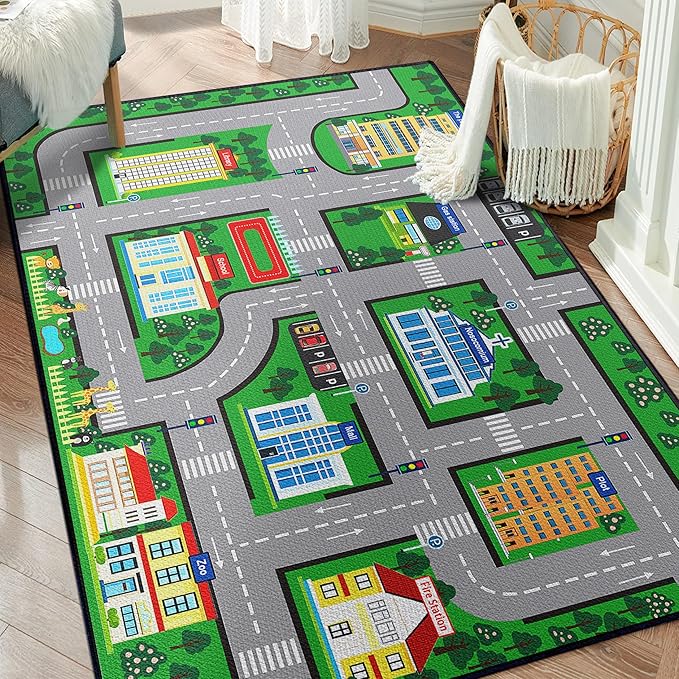 Fun Car Play Area Carpet Car Mat 2x3 Play Rug for Playroom Town City Road Map for Bedroom Non-Slip Washable
