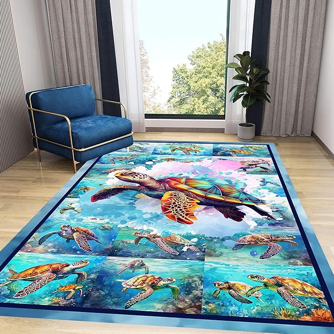 Turtle Area Carpet, 5x6ft, Colorful Ocean Themed Sea Turtle Floor Rugs, Blue Underwater Painting Rugs for Home Decoration, Fade Resistant Soft Foldable Mats for Dorm Family Entrance