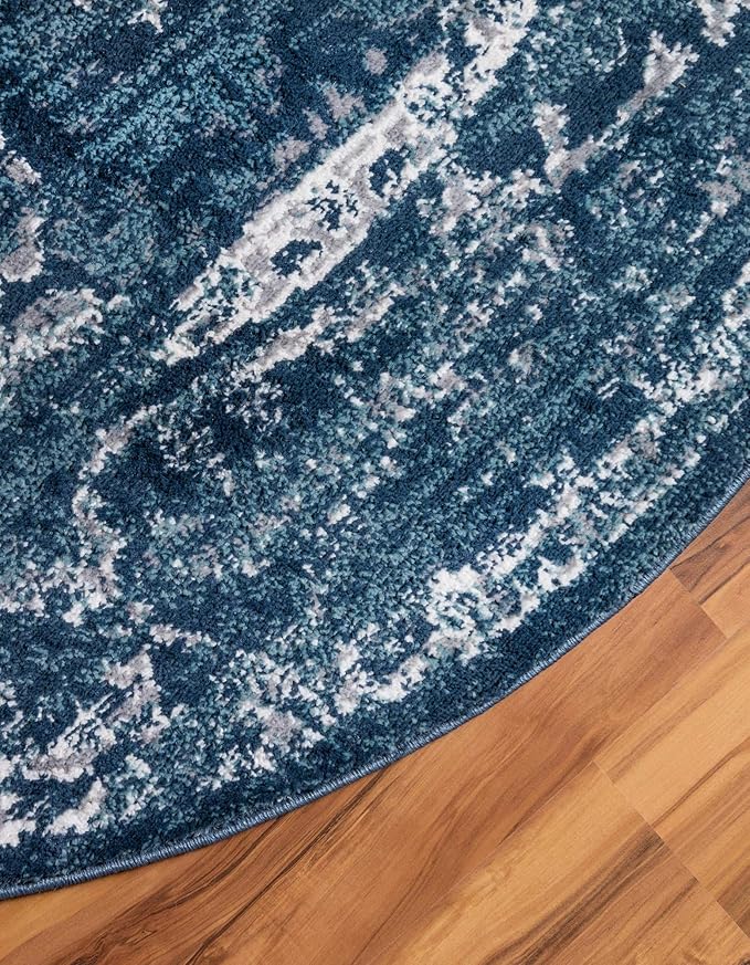 Rugs.com Charleston Collection Rug – 5 Ft Round Navy Blue Low-Pile Rug Perfect for Kitchens, Dining Rooms