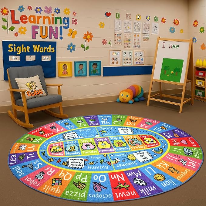 KC Cubs Educational Kids Rug – ABC Alphabet, Seasons, Months & Days Learning Mat – Soft Interactive Carpet for Classroom, Playroom & Bedroom 8x10 Oval