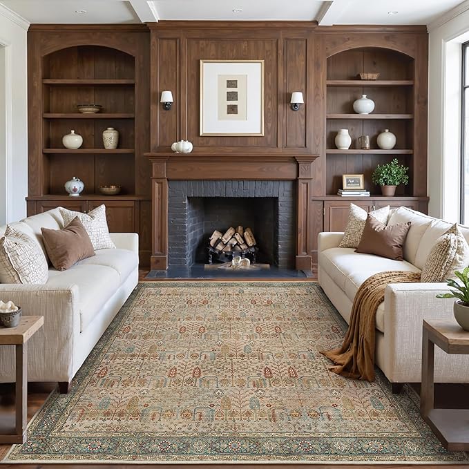 GENIMO Vintage Area Rug 6x9, Boho Living Room Rug with Non-Slip Backing, Machine Washable Low Pile Indoor Carpet for Bedroom, Dining Room, Nursery Room, Brown