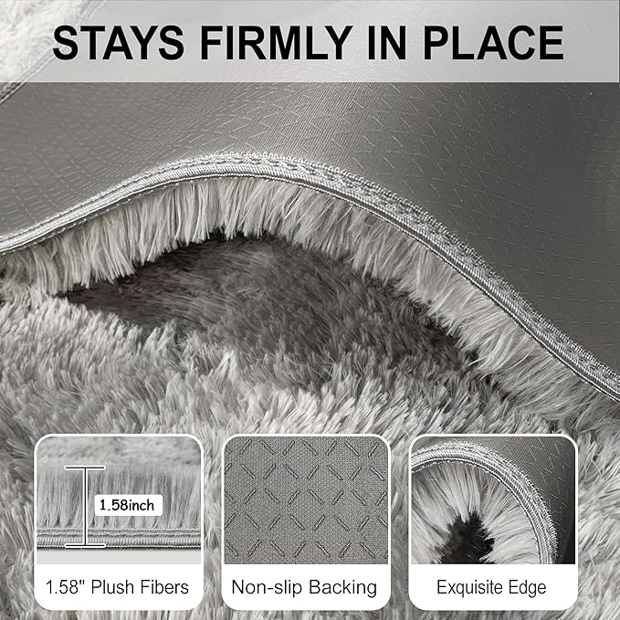 8x10 Area Rugs for Living Room Soft Fluffy Grey and White Rug for Bedroom Under Bed Modern Plush Tie Dyed Gray Shag Carpets Furry Playing Mat for Kids Girls Boys Room Playroom Nursery Dorm