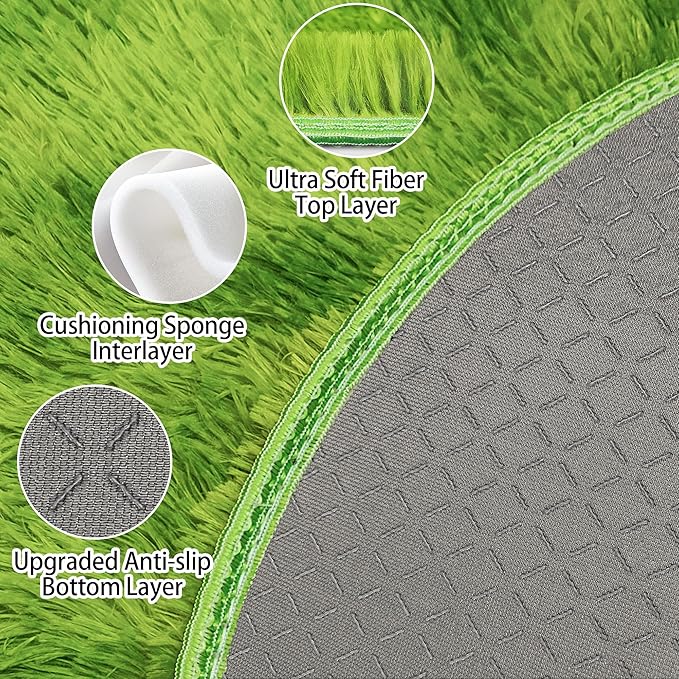 3 ft Small Green Grass Round Rugs for Bedroom,Tie Dyed Green Circle Rug Fluffy Fuzzy Round Carpet Shag for Boys Bedroom Girls Room Kids Playroom Nursery Room Decor Aesthetic