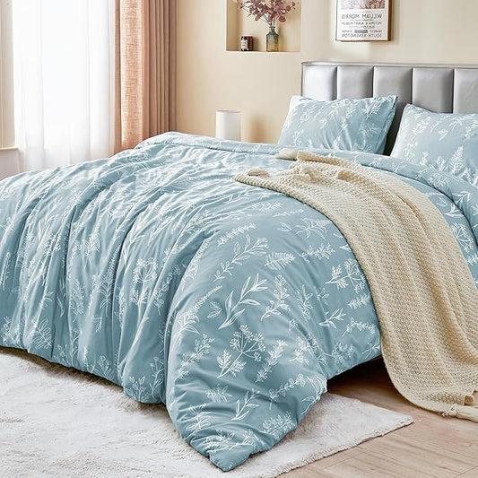 MUXHOMO Duvet Cover Full Size, Reversible Floral Mineral Blue Duvet Cover Set with Zipper Closure, 3 Pieces Botanical Patterns Soft Microfiber Bedding Set with 4 Ties (80"x90", 2 Pillow Cases)