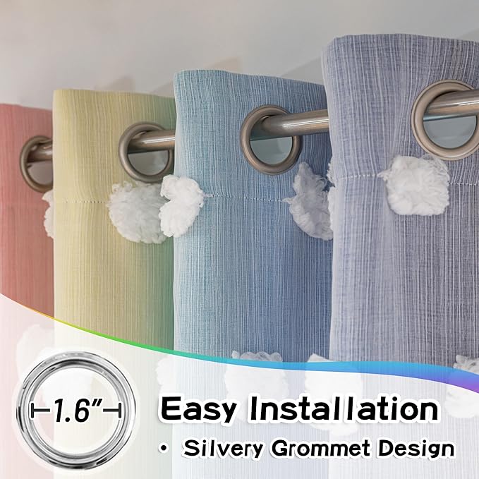 MYSKY HOME Rainbow Curtains for Boys Bedroom Kids Curtains Pom Pom White Sheer Window Curtains Double Layer Solid Nursery Curtains 84 Inches Length Room Darkening Grommet 2 Panels, W52 X L84
