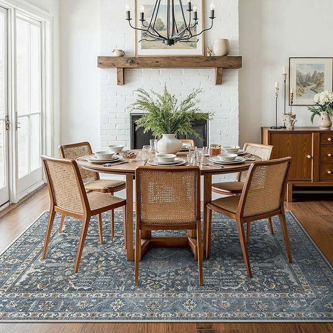 GENIMO Area Rug 6'x9', Vintage Large Rugs with Non-Slip Backing, Ultra-Thin Low Pile Soft Woven Fiber Carpet for Living Room, Bedroom, Dining Room, Nursery, Blue Black