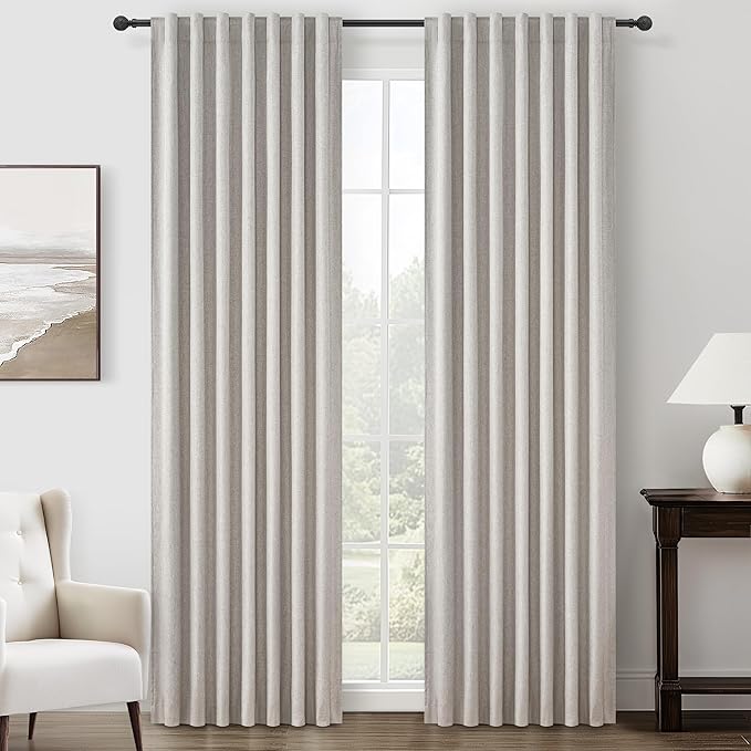 Pleat Linen Blend Room Darkening Curtains 84 Inch Length 2 Panels Set for Living Room, Natural Melange Grey for Bedroom Windows Blackout Drapes Heat Blocking Curtain for Summer Heat (50"Wx84"L)