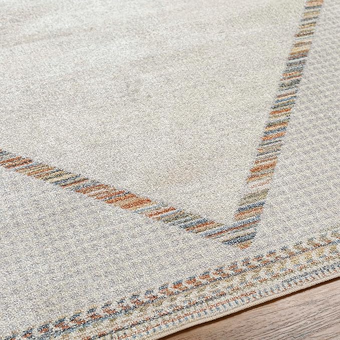Mark&Day Washable Rugs, 7ft Round El Dorado Global Beige Area Rug, Oatmeal Gray Dark Blue Carpet for Living Room, Bedroom or Kitchen (6'7" Round,Machine Washable)