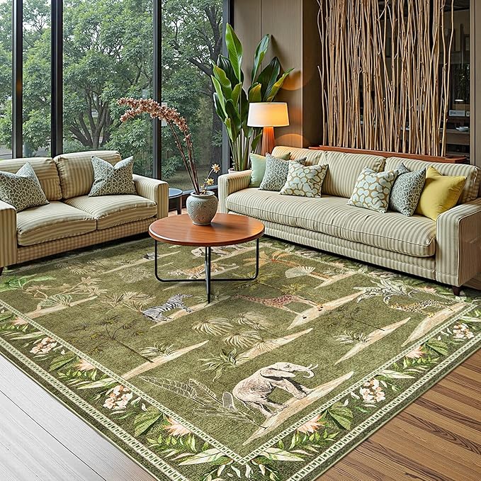 jinchan Jungle 8x10 Green Animals Print Living Room Rug, Machine Washable Soft Ultra-Thin Non-Slip Area Rug, Throw Christmas Carpet for Bedroom Kids Playroom Dining Room Courtyard (8'x10', Green)