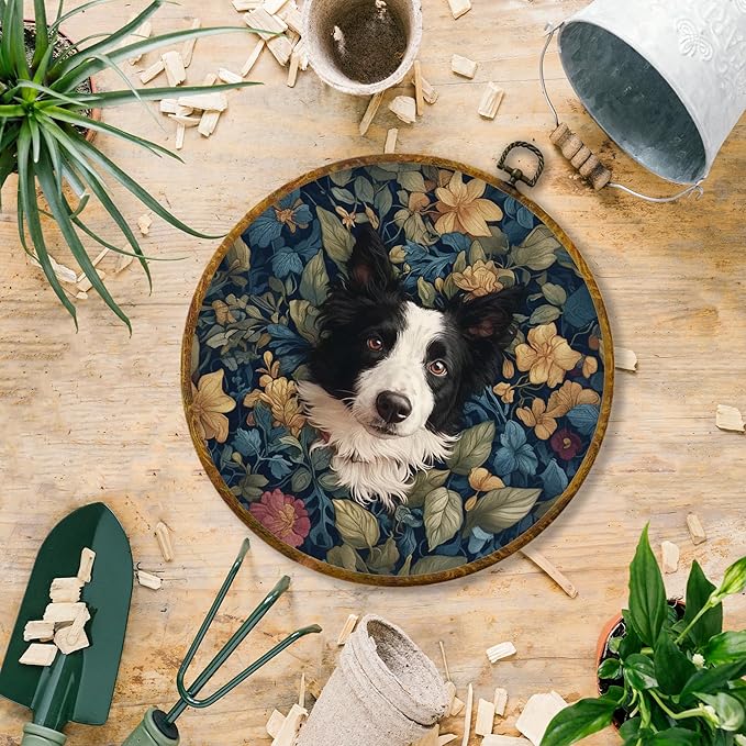 Hiuwevt Vintage Floral Border Collie Round Wall Art Decor, Border Collie Gifts Framed Canvas Prints, Cottagecore Flower Dog Round Wall Hanging Decor for Home Bedroom Room Decorations, 10x10 Inches
