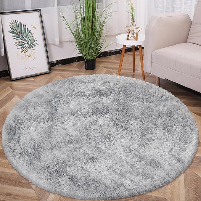 5 ft Round Fluffy Grey Rug for Bedroom,Tie Dyed Furry Round Carpet Non Slip Gray Fuzzy Shaggy Plush Circle Area Rug for Living Room Teen Room Nursery Room Playroom Kids Room Home Decor Washable