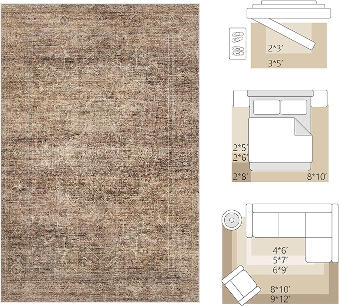 FMFUNCTEX 4x6 Washable Area Rug Neutral Vintage Rust Brown Distressed Non Slip Low Pile Traditional Indoor Carpet for Living Room Bedroom Soft Retro Throw Rug for Dining Office Kitchen Dorm Entryway