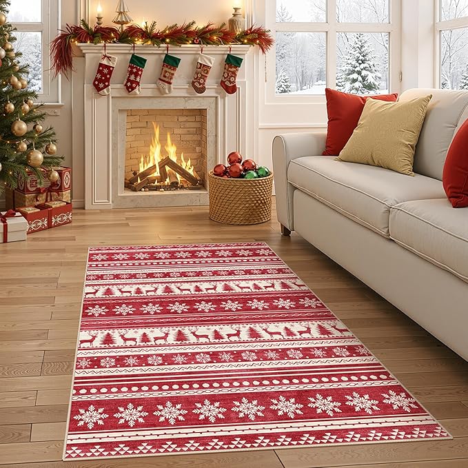 Area Rugs for Living Room Washable Living Room Rug Soft Neutral Indoor Floor Carpet Non-Slip Stain Resistant Modern Boho Rugs for Bedroom Dining Room Kids Room Nursery Office Home Red