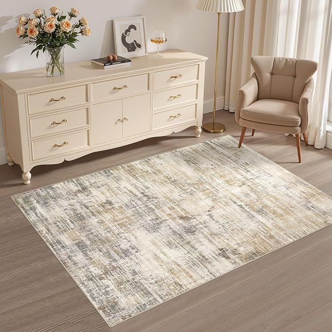 Area Rug for Living Room: 3x5 Washable Neutral Abstract Modern Soft Rugs Non Slip Indoor Floor Stain Resistant Carpet for Bedroom Dining Room Office Nursery - Golden Brown