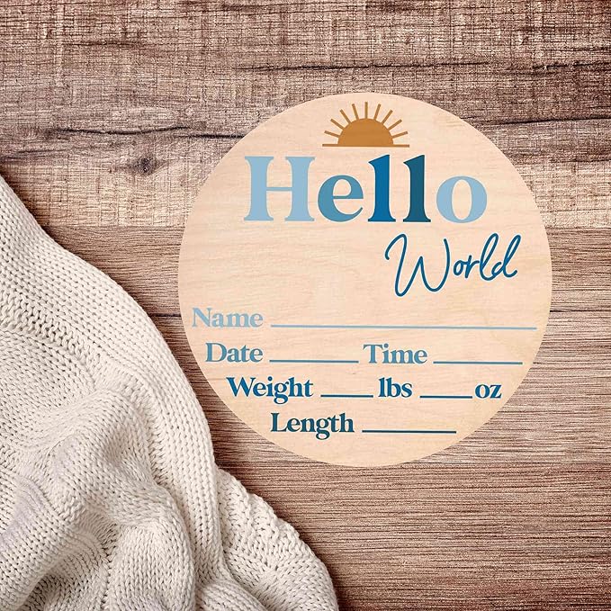 Hello World Newborn Sign - Baby Name Birth Announcement Plaque for Hospital - Photo Prop - Nursery Decor - Shower Gift