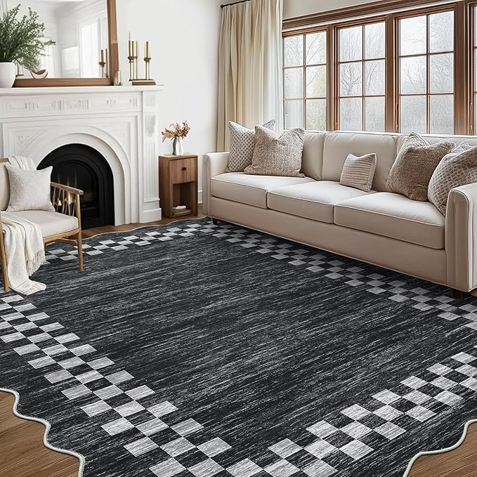 GarveeHome Scalloped Washable Rug 9x12 Area Rug for Living Room Modern Border Large Bedroom Throw Carpet with Rubber Backing Stain Resistant Boho Rug for Dining Room Home Decor Office, Grey