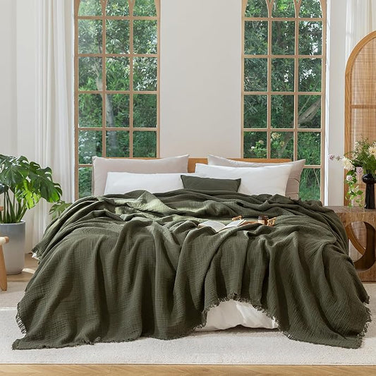 MooMee Muslin Blanket - 100% Cotton 4-Layer Gauze Throw Blanket with All-Around Fringe, Ultra-Soft Breathable Lightweight Cooling Decorative for Bed, Sofa & Couch (Olive Green, Queen 90" x 90")