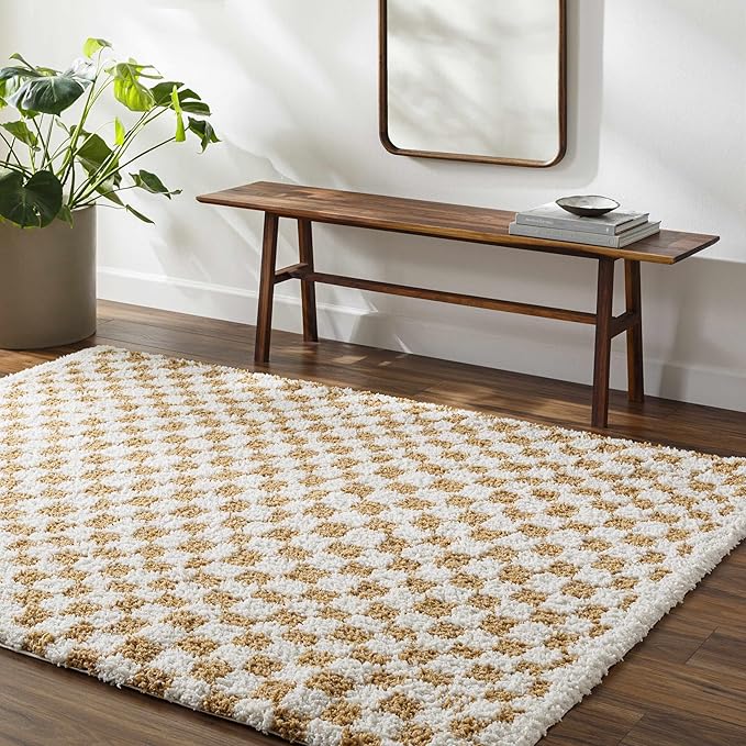 Hauteloom Kieu Contemporary Checkered Fluffy Shag Runner Rug - Modern Geometric Soft Carpet Tiles for Hallway, Kids Room, Nursery - White, Yellow - 2'7" x 7'3"