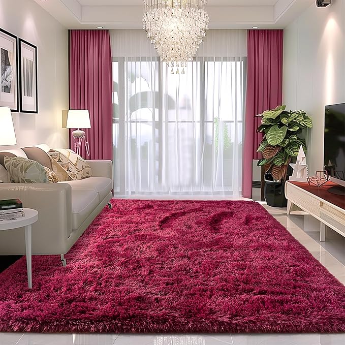8x10 Rug - Non-Slip Area Rug Washable for Living Room - Height Pile Fluffy Throw Rugs Carpet for Bedroom - Burgundy