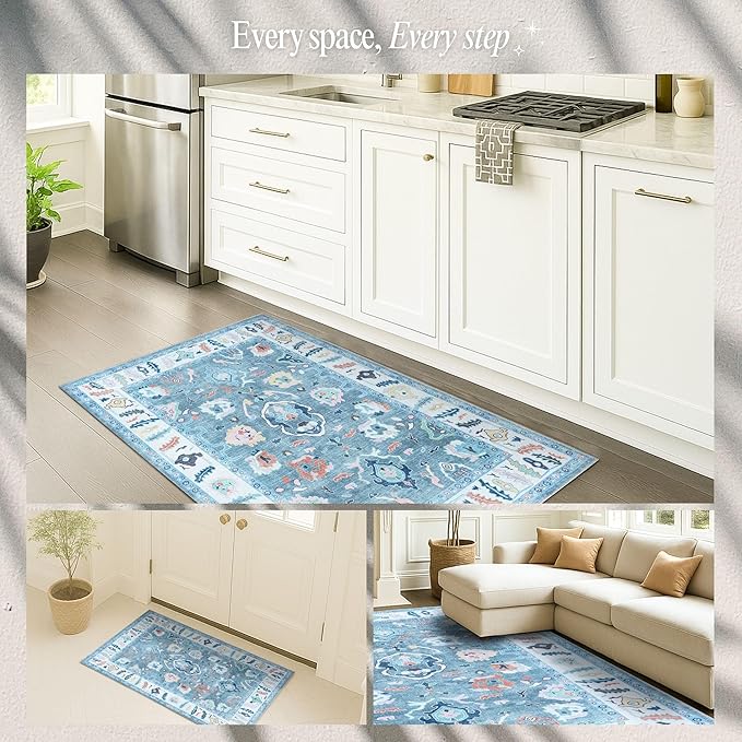 Fame Rugs Teal Modern Oushak Rug 2'6"x10, Vintage Turkish Colorful Oriental Antique Inspired Foldable Long Washable Runner Rugs, Luxury Living Room Bedroom (995T, 2'6" x 10')