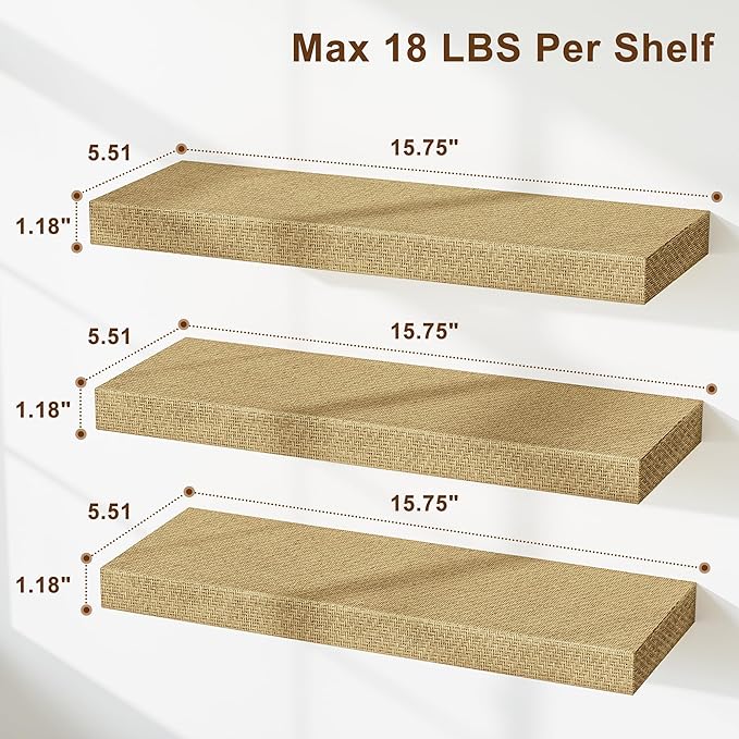 Alsonerbay Rattan Floating Shelves for Wall Set of 3, 15.7 Inch Wood Shelves Wall Mounted with Invisible Bracket for Bedroom Living Room Nursery and More