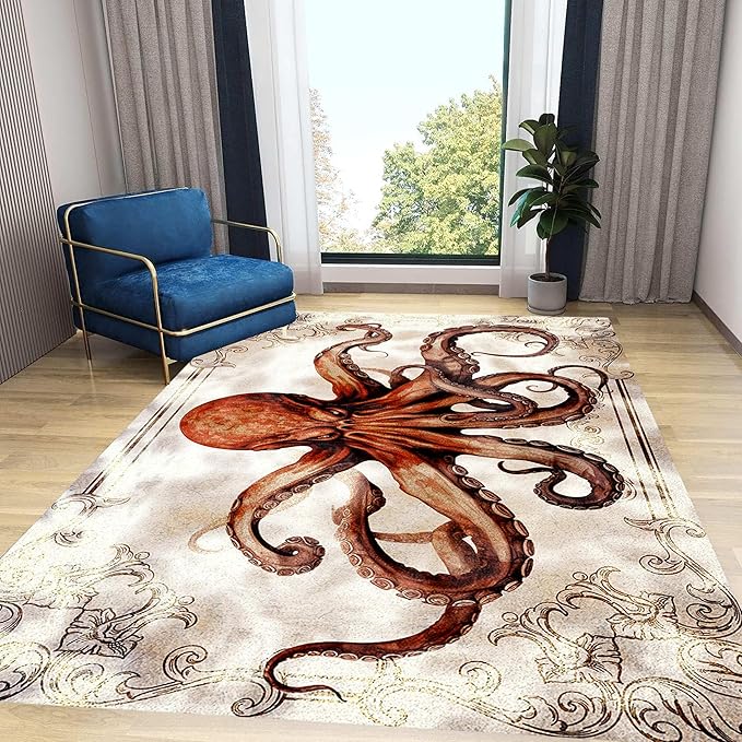 Octopus Area Rugs, 5x8ft, Vintage Ocean Octopus Print Indoor Throw Rug, Fade Resistant Durable No Crease Carpet, Rubber Backed Anti-Slip Printed Carpets for Bedside Dining Table