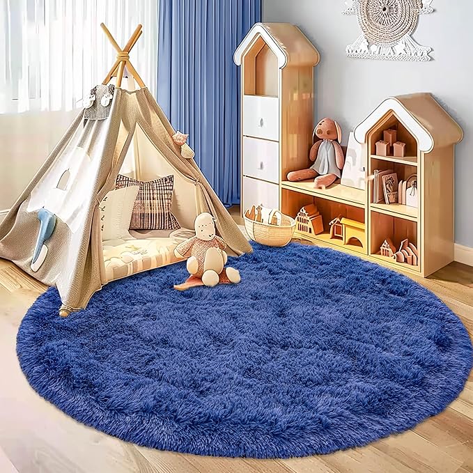 Round Fluffy Circle Rug - 6FT Navy Blue Super Soft Shaggy Plush Furry Carpet for Kids & Teens Room