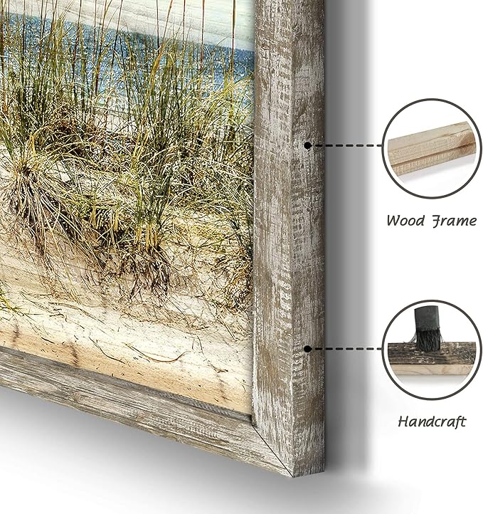 Seascape Framed Wooden Wall Art: Beach Art Prints Ocean Painting Style Artwork Seaside Wall Decor Sand Dunes Picture Coastal Theme Prints for Bedroom 24"x12"
