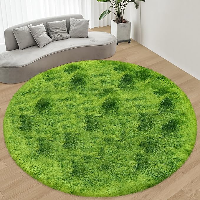 8 ft Large Fluffy Round Green Grass Area Rugs for Bedroom,Soft Shaggy Circular Rug Plush Fluffy Circle Carpet Fuzzy for Living Room Nursery Baby Toddler Room Playroom Dorm Home Decor Aesthetic