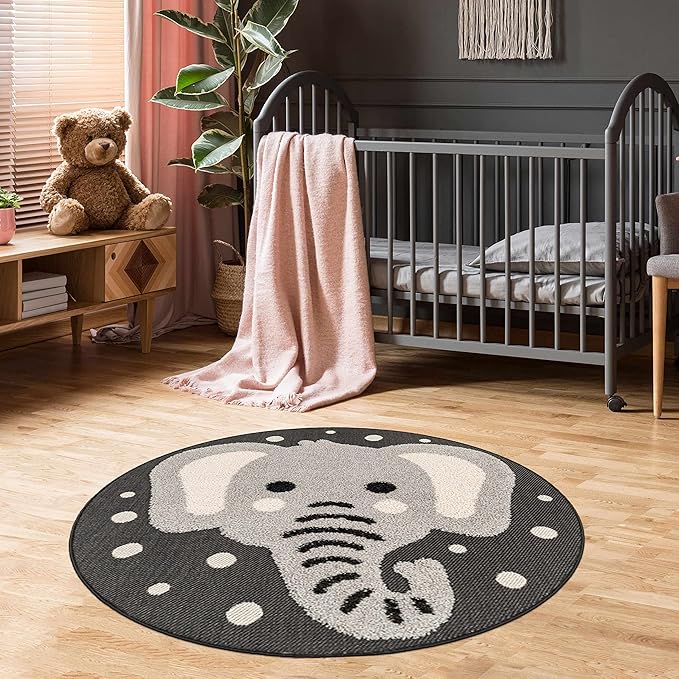 Hauteloom Kids Room, Nursery Round Area Rug - Outdoor Patio Safe - Animal Baby Elephant Playroom Carpet - Beige, Gray, Black, Cream - 7'10"