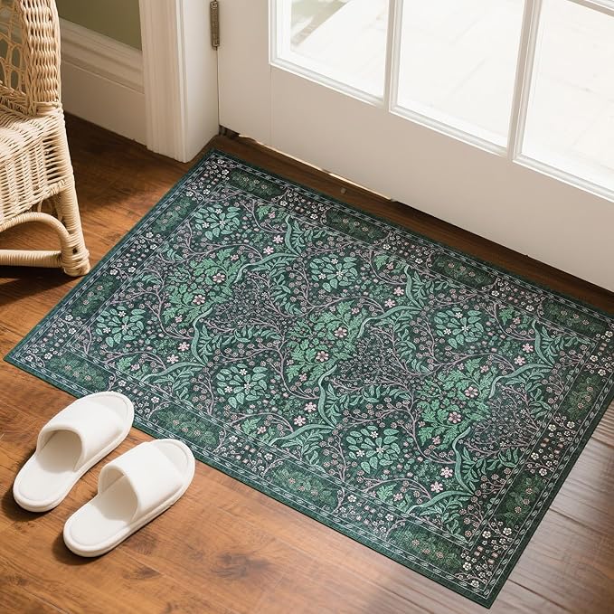 2x3 Washable Entry Rug,Dark Green Front Door Rugs，Non-Slip Vintage Throw Small Carpet for Bedroom Kitchen Classroom Rug Bathroom Children's Room Entrance