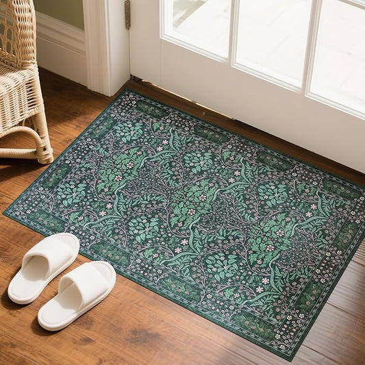 2x3 Washable Entry Rug,Dark Green Front Door Rugs，Non-Slip Vintage Throw Small Carpet for Bedroom Kitchen Classroom Rug Bathroom Children's Room Entrance