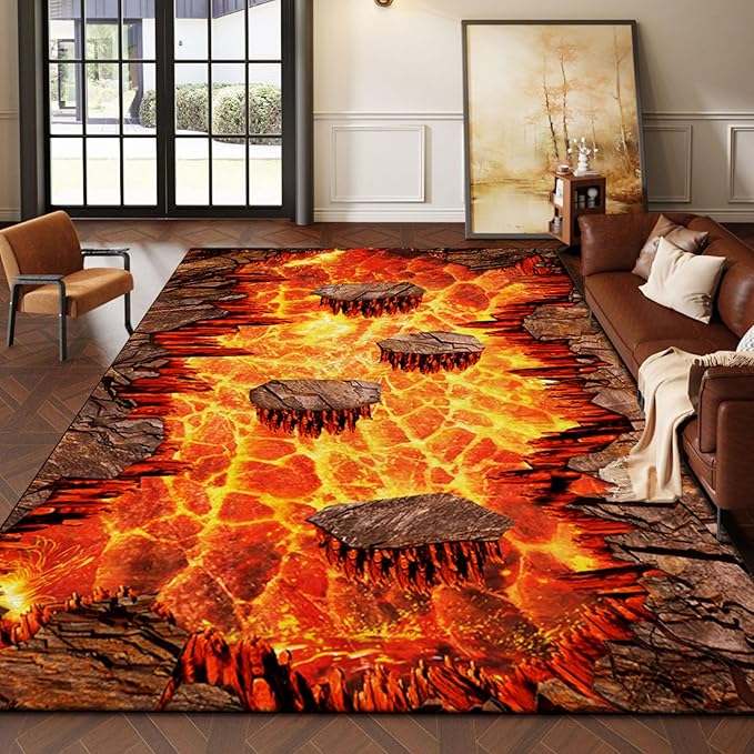 Lava Area Rugs 2x3ft,3D Visual Illusion Flame Living Room Non-Slip Floor Mat Lava Crackle Print Simulated Rug, Washable Non Slip Stain Resistant for Kids Rooms, Boys' Bedrooms, Game Rooms