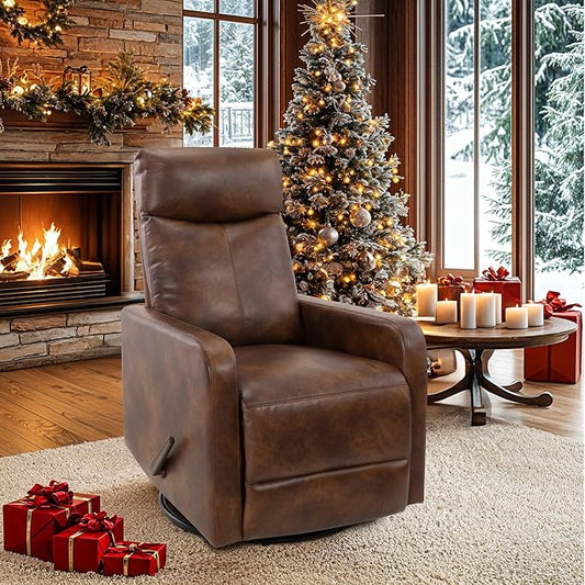 Swivel Rocking Recliner Chair for Small Space, Manual Swivel Glider Recliner for Nursery,RV,Rocking Recliner with Footrest and Side Pocket (Light Brown)