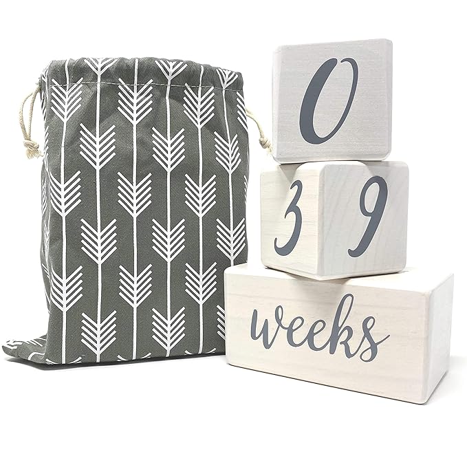 Pondering Pine Baby Milestone Blocks - Natural White Stain Pine Wood with Weeks Months Years Grade and Holidays, Newborn Weekly Monthly First Year Picture Props, 6 Block Milestones Age Set with Bag
