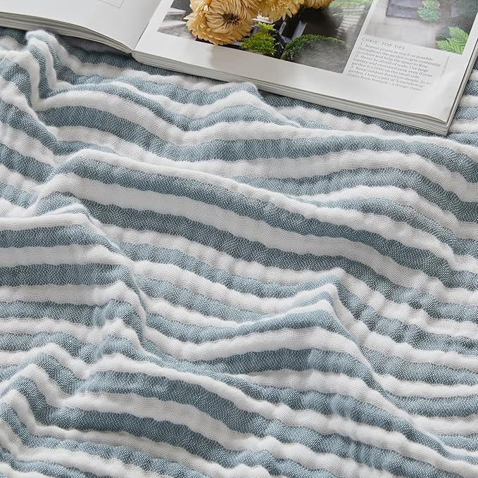 EMME Cotton Muslin Twin XL Blanket Breathable Gauze Soft Lightweight Adults Gifts for Women (Striped Teal, 66"x90")